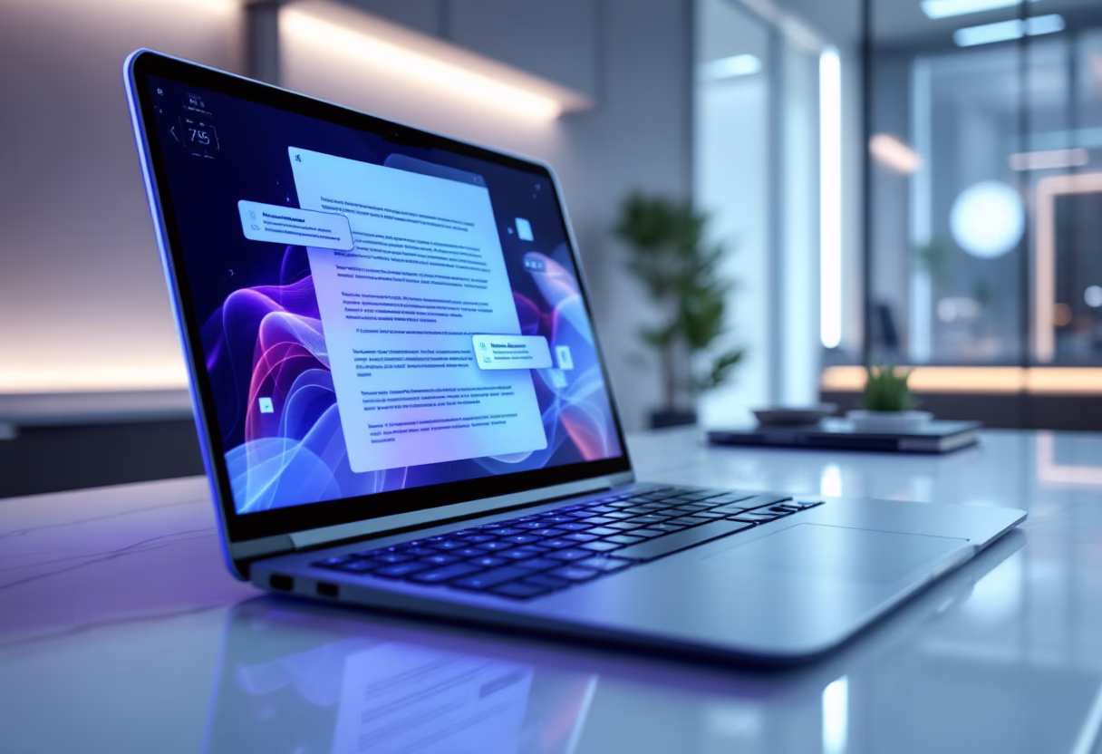 AI assistant completing business tasks independently on a laptop, showcasing smart automation