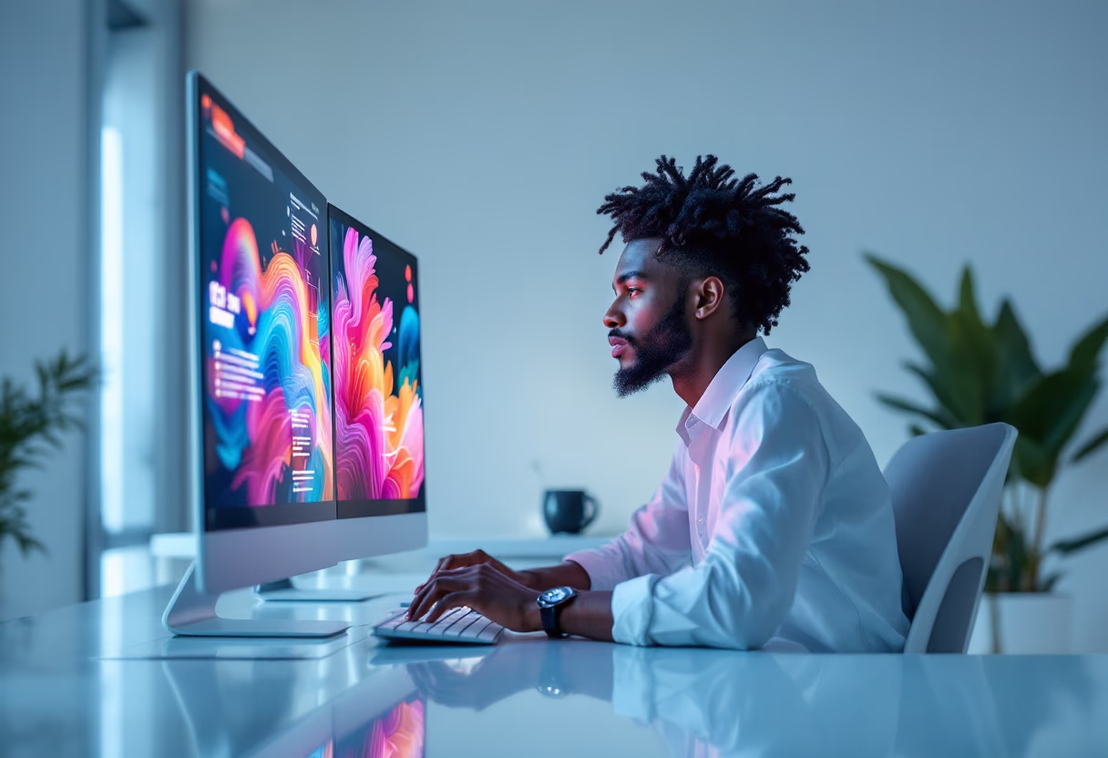 Person managing multiple computers in a tech workspace, symbolizing AI operations and automated business systems