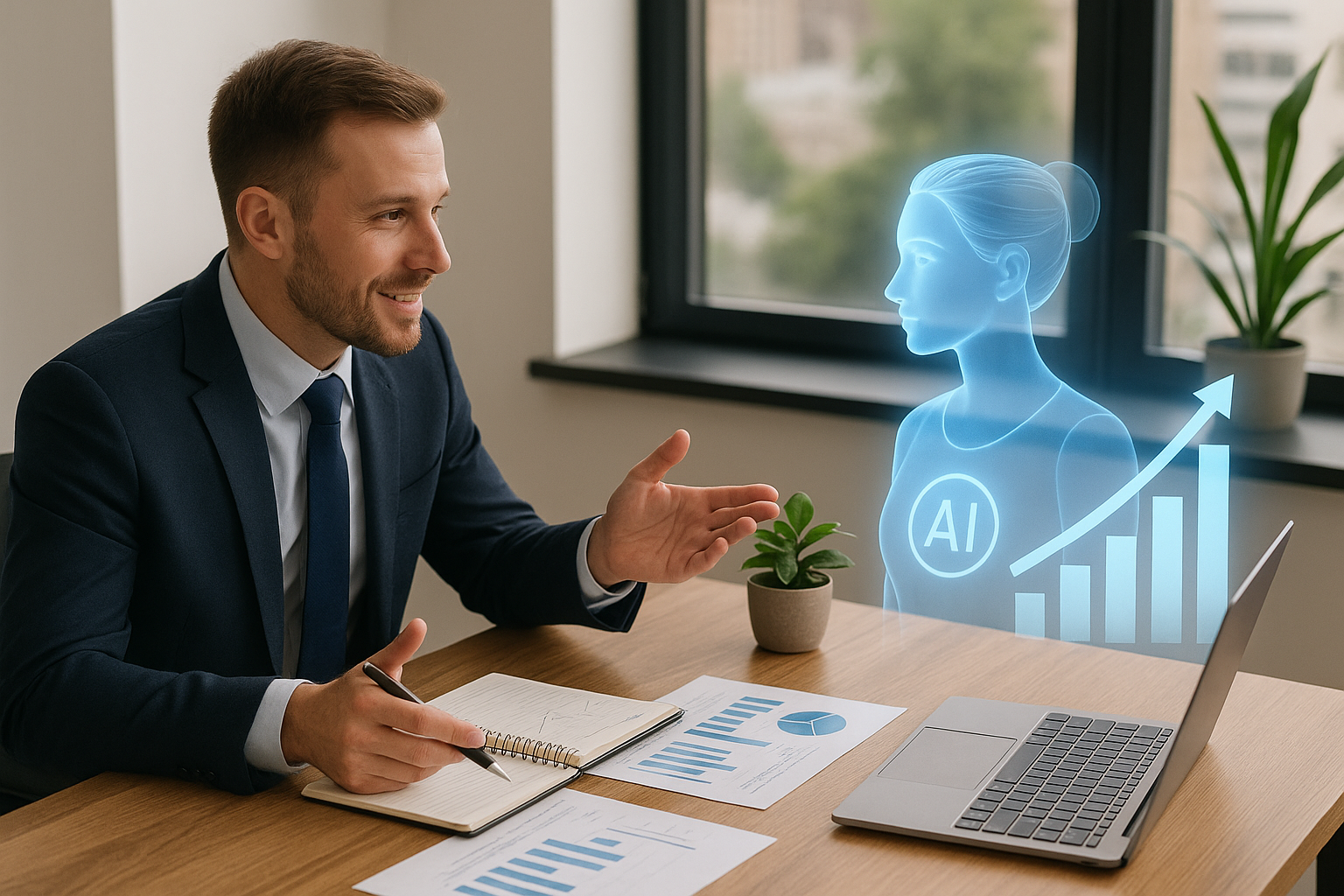 Businessman discussing solutions with an AI assistant, representing smart automation for business growth