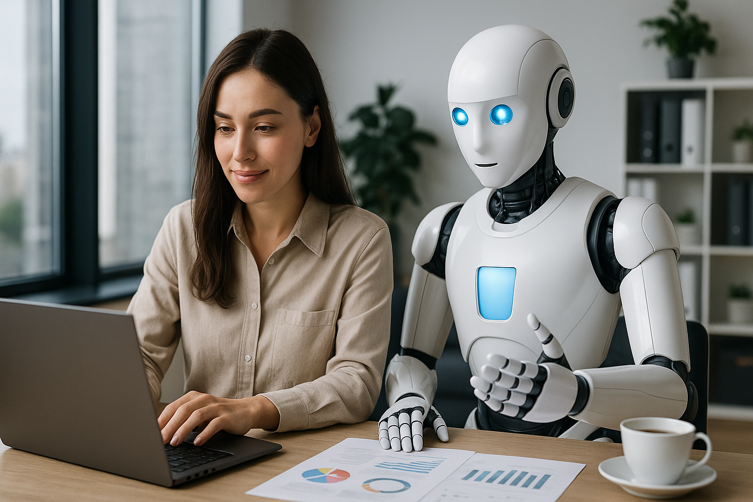 AI assistant sitting with a businesswoman, helping her automate tasks and manage workflow efficiently