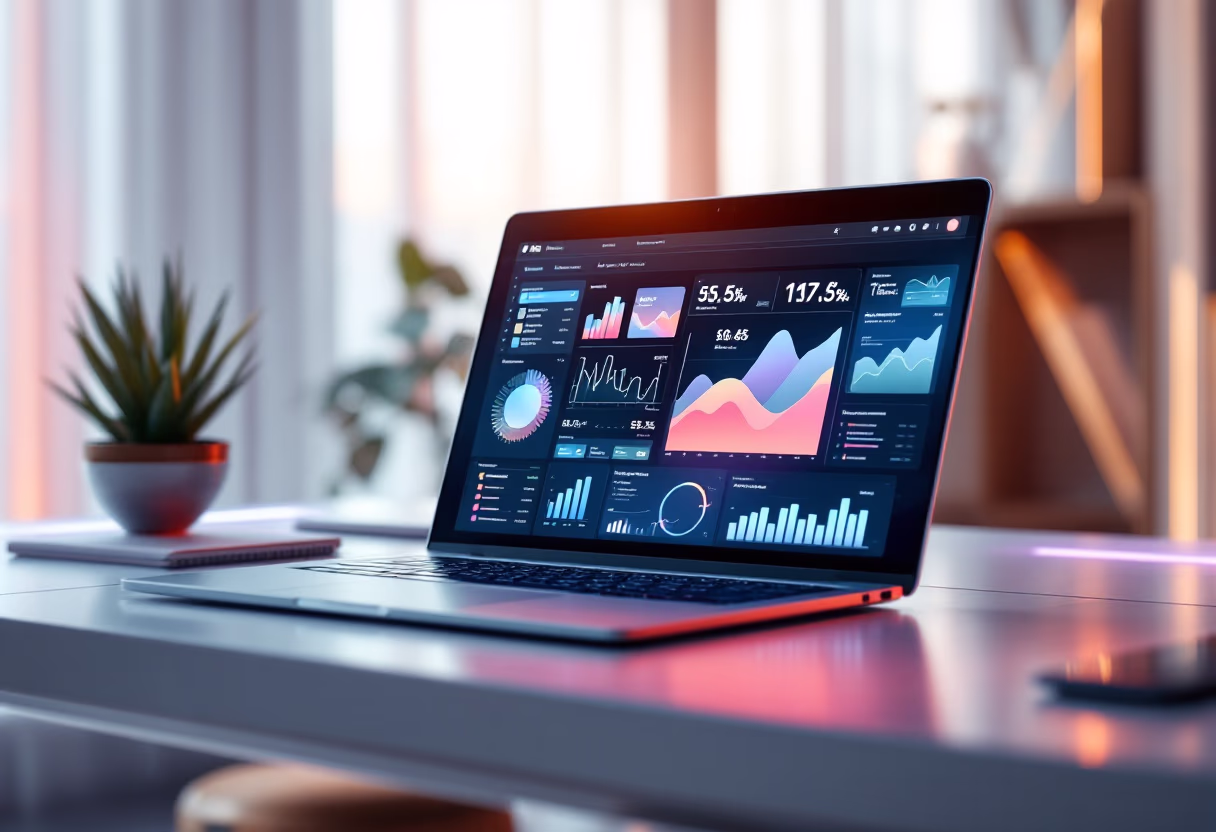 Computer screen displaying progress graphs and performance data, highlighting AI-driven business growth
